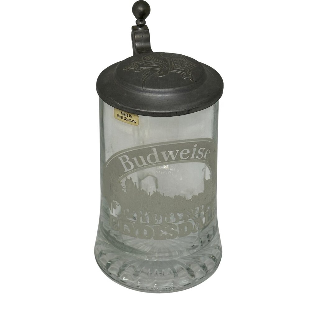 Vintage Budweiser Clydesdales Glass Stein Pewter Lid West Germany 6" Collectible
